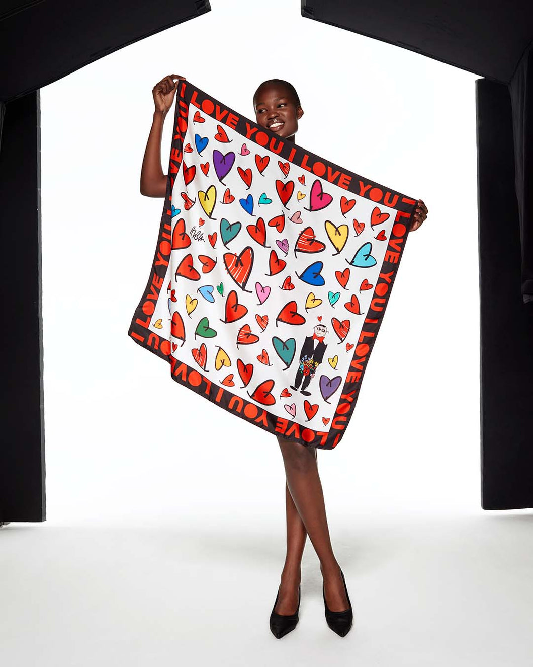 SILK SCARF HEARTS FROM ALBER - MULTICOLOR / WHITE