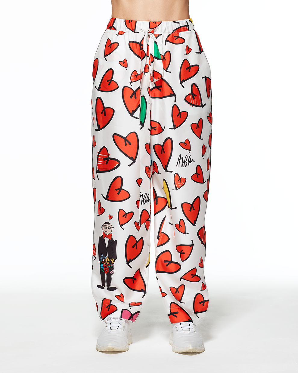 SILK PYJAMA PANTS HEARTS FROM ALBER - RED / WHITE - AZ Factory