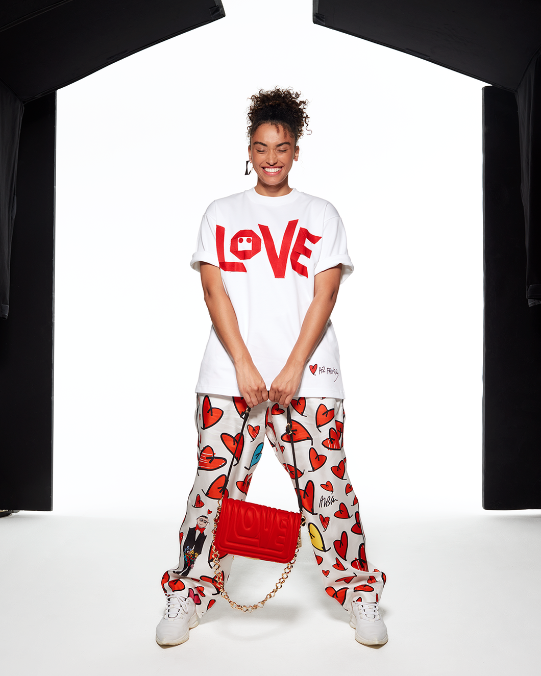 SILK PYJAMA PANTS HEARTS FROM ALBER - RED / WHITE