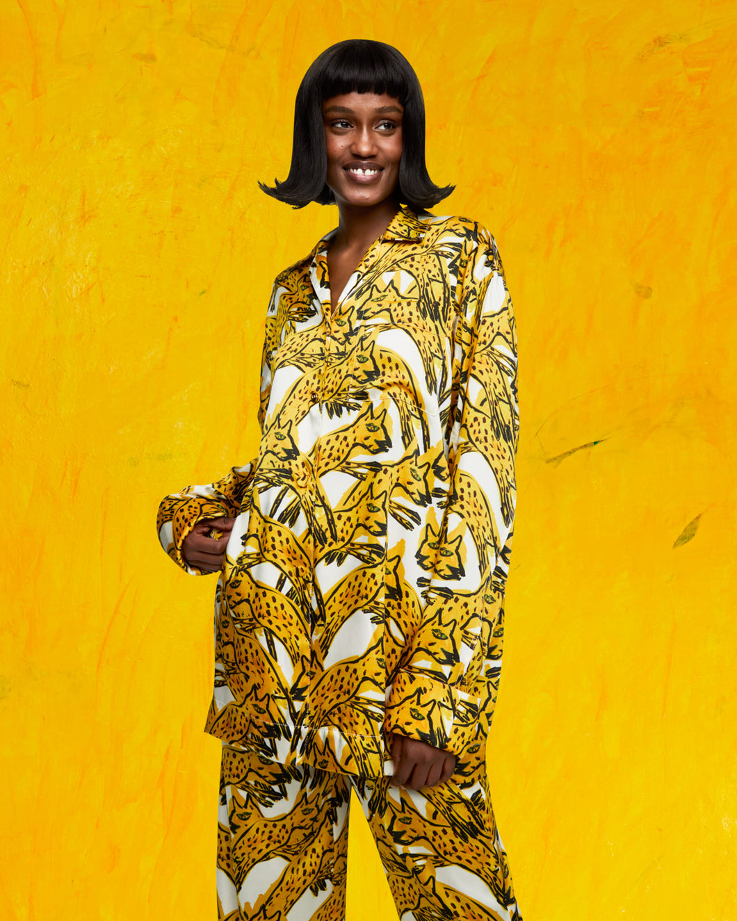 POUNCING CHEETAH PYJAMA SHIRT - IVORY/YELLOW