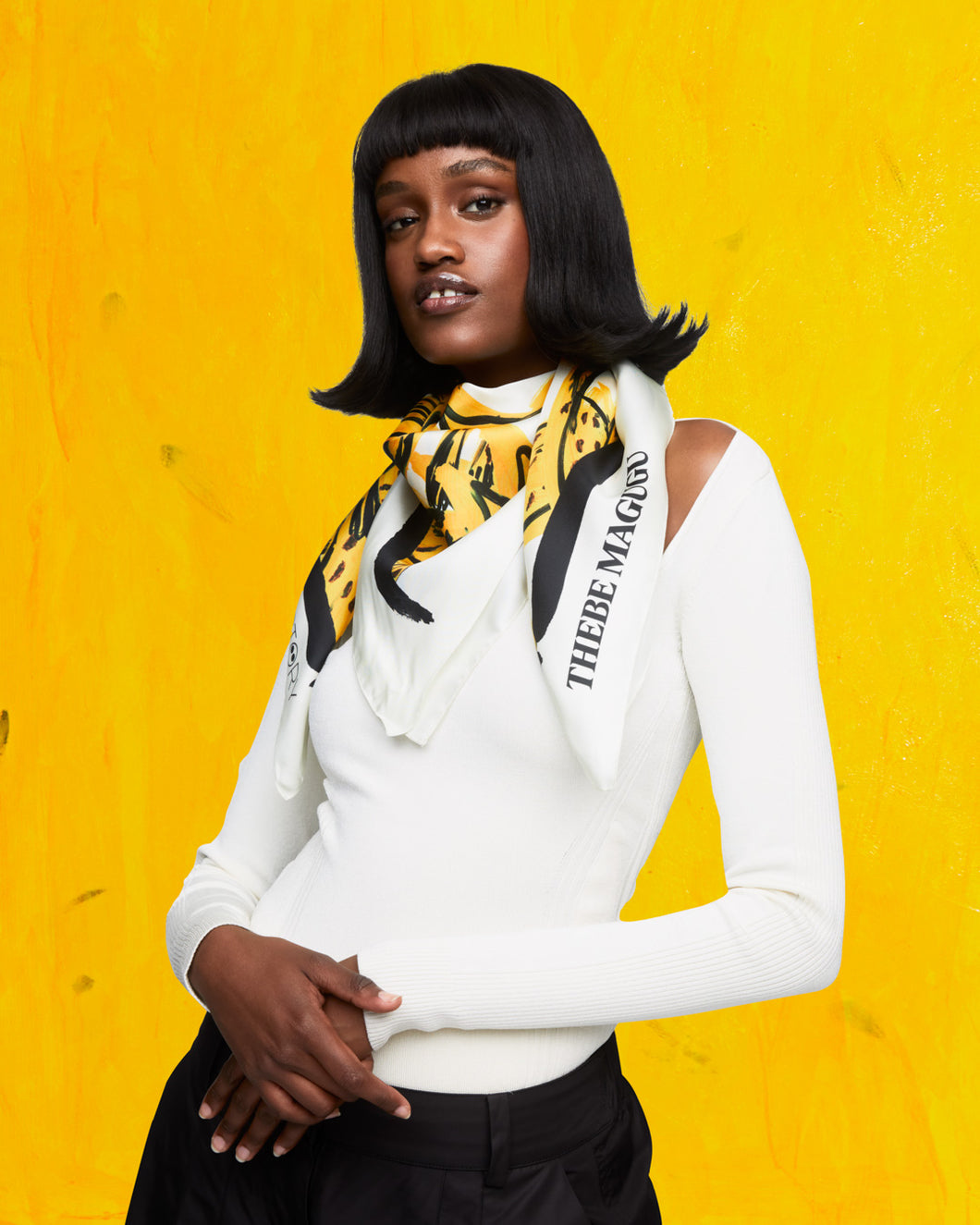 POUNCING CHEETAH SILK SCARF - IVORY/YELLOW