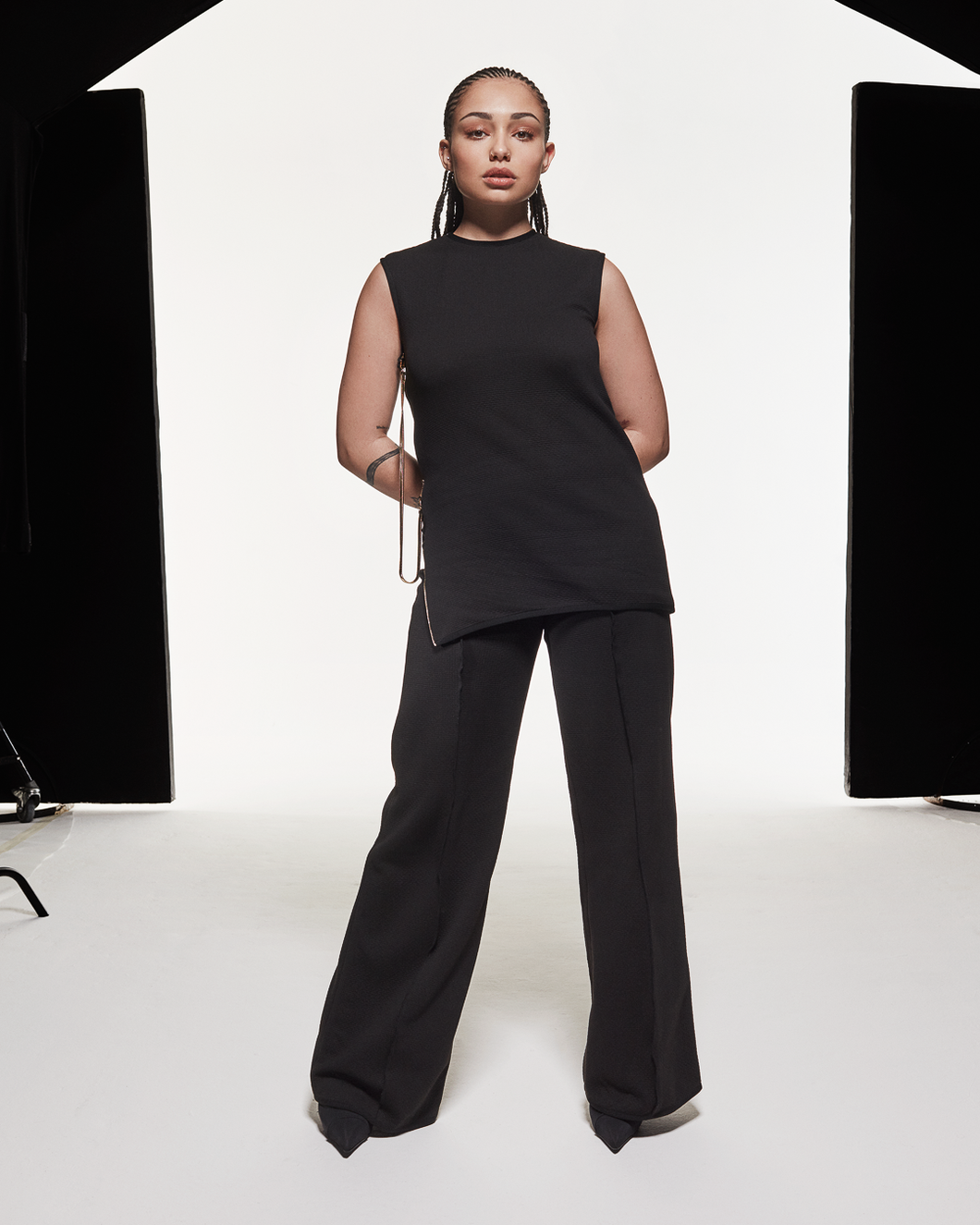 MICROPIQUE WIDE LEG PANTS - BLACK